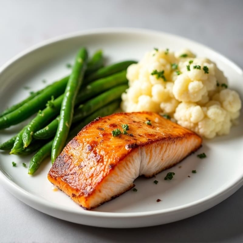 Seared Salmon Fillet with Steamed Green Beans and Garlic Mashed Cauliflower