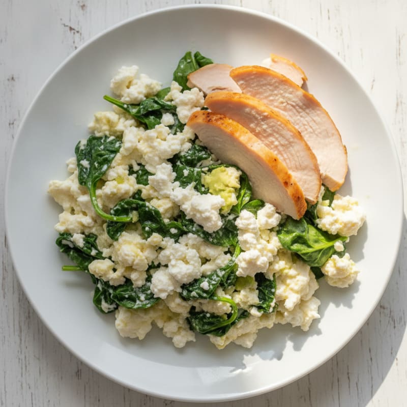 Egg White Spinach Scramble with Cottage Cheese and Sliced Turkey Breast