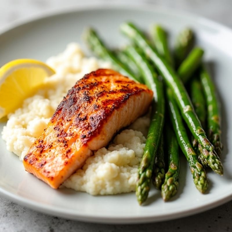 Seared Salmon with Steamed Asparagus and Cauliflower Mash