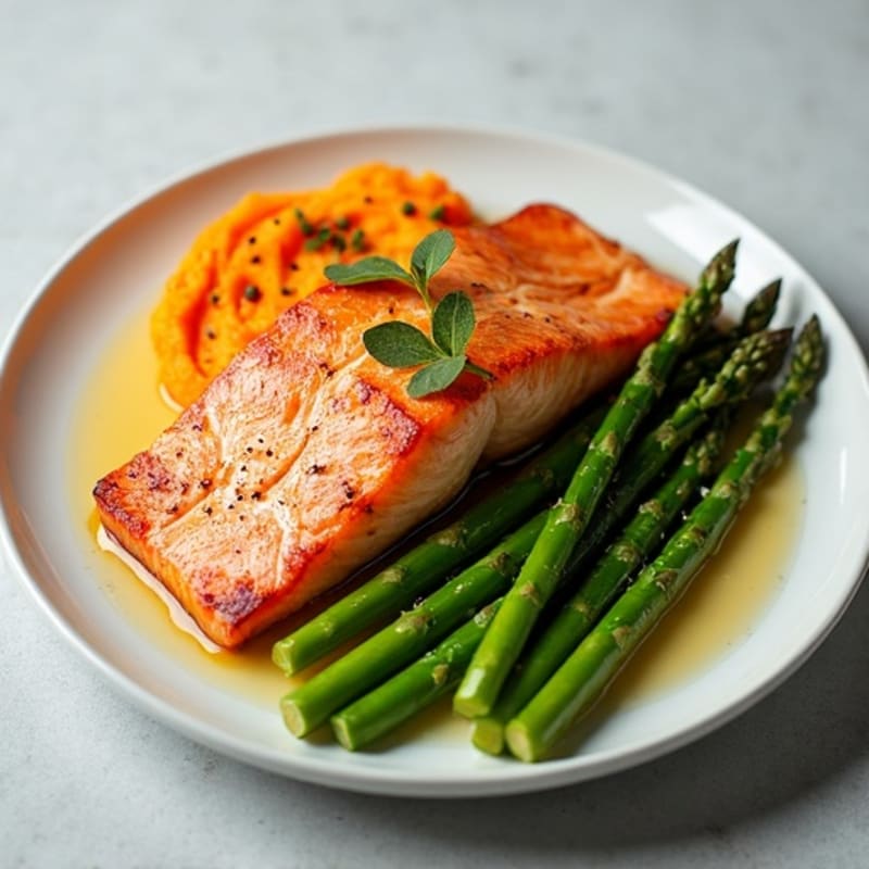 Seared Salmon Fillet with Steamed Asparagus and Sweet Potato Mash