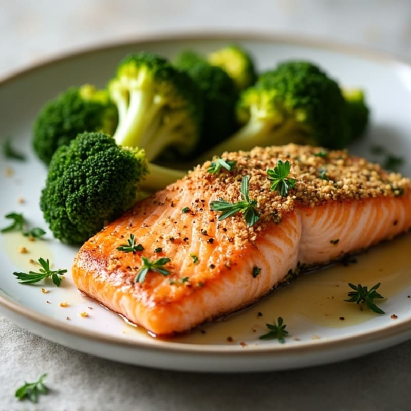 Herb-Crusted Pan Seared Salmon with Roasted Broccoli
