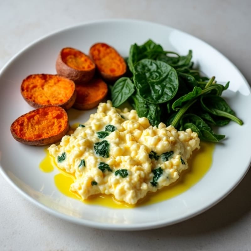 Egg White and Cottage Cheese Scramble with Spinach and Roasted Sweet Potatoes