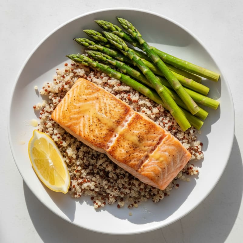Seared Salmon with Steamed Asparagus and Quinoa