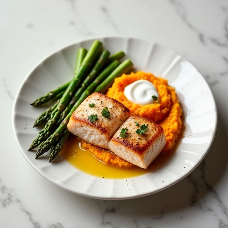 Seared Salmon with Steamed Asparagus and Sweet Potato Mash