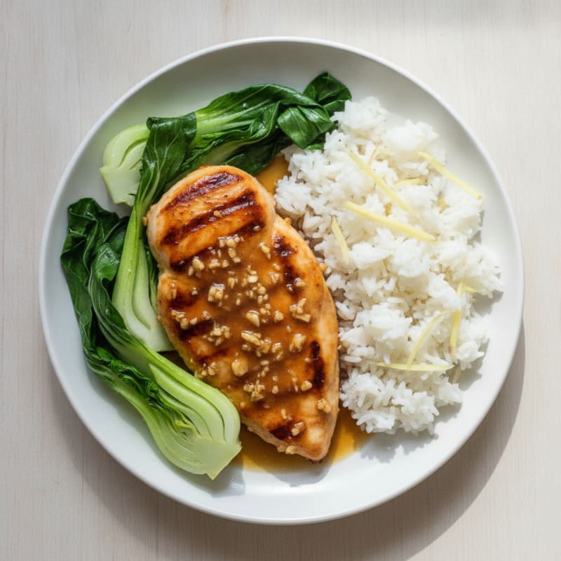 Seared Ginger-Soy Chicken Breast with Steamed Bok Choy and Jasmine Rice