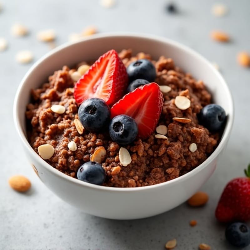 Thick Chocolate Protein Baked Oats with Fresh Berries and Toasted Almonds