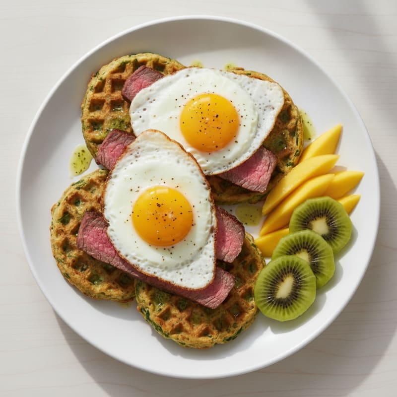 Egg and Spinach Waffles with Sliced Kiwi and Mango