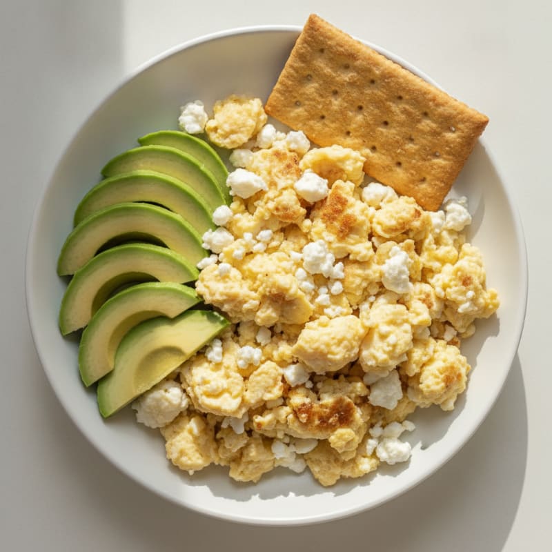Egg and Feta Scramble with Sliced Avocado