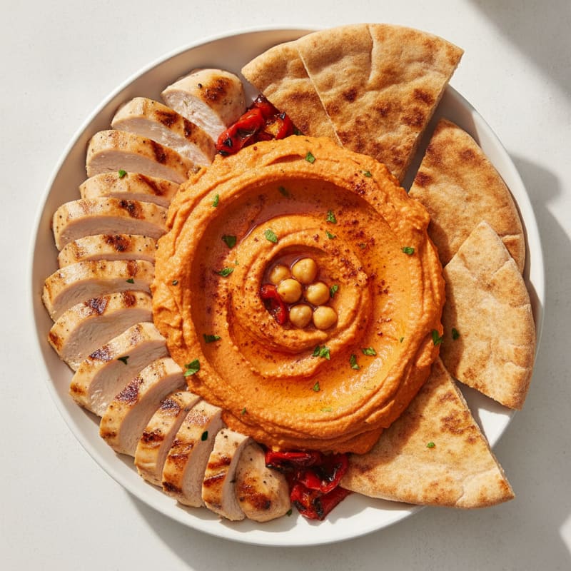 Roasted Red Pepper Hummus with Grilled Chicken and Pita