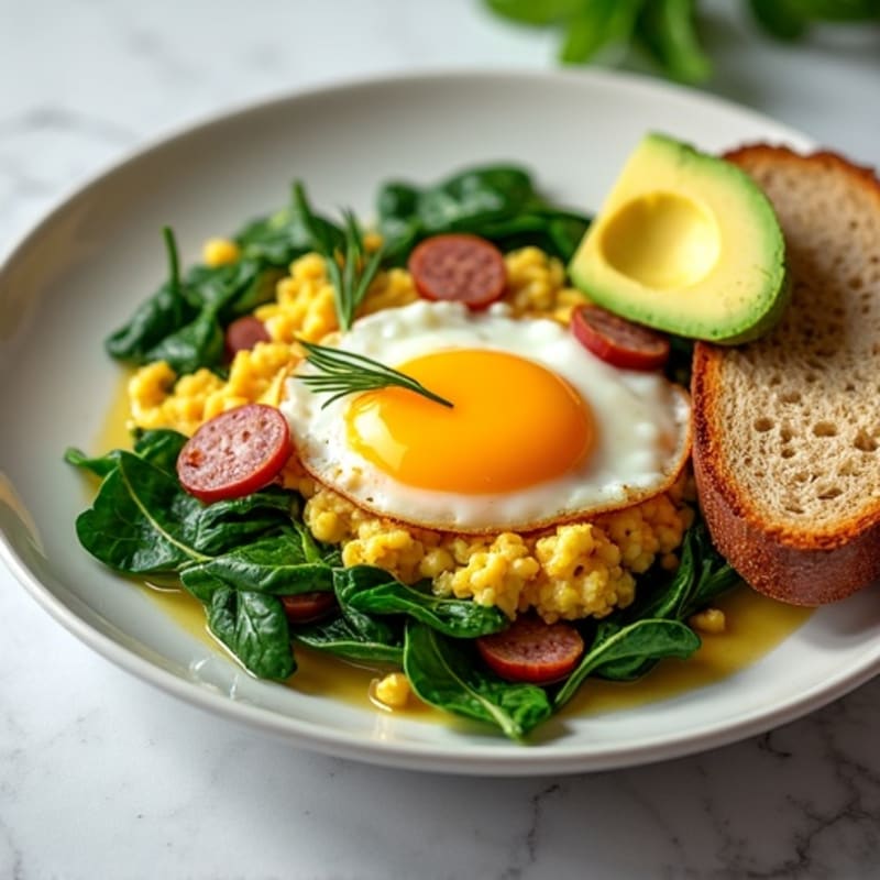 Egg White and Turkey Sausage Scramble with Sautéed Spinach