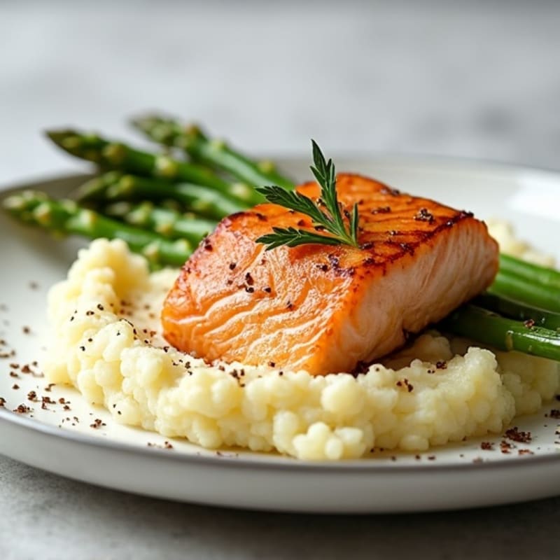 Seared Salmon Fillet with Steamed Asparagus and Cauliflower Mash