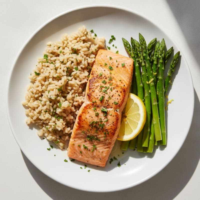 Seared Salmon Fillet with Steamed Asparagus and Herbed Brown Rice