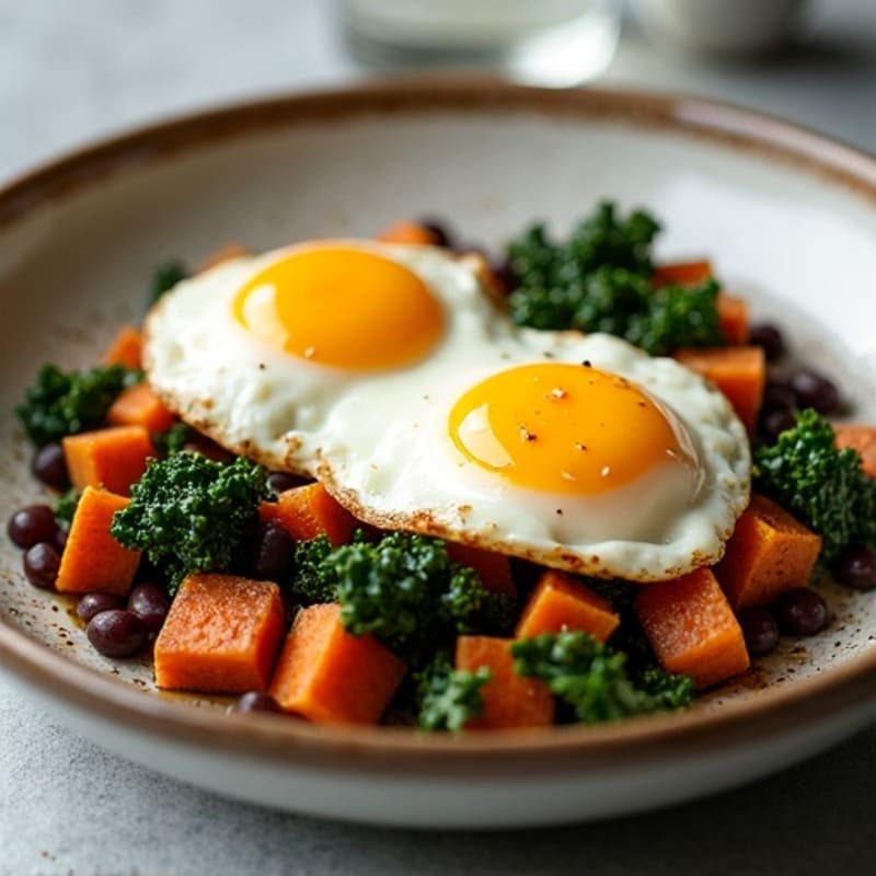 Baked Eggs with Crispy Sweet Potato Hash and Sautéed Greens