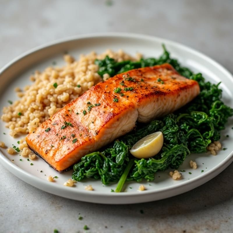 Seared Salmon with Garlic Spinach and Brown Rice