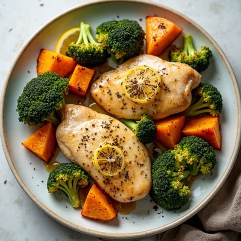 Sheet Pan Lemon-Herb Chicken with Roasted Crispy Broccoli and Sweet Potatoes
