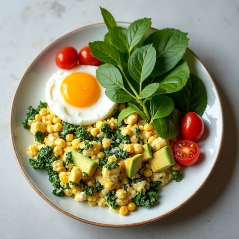 Egg White Spinach Scramble with Cottage Cheese, Cherry Tomatoes, and Avocado