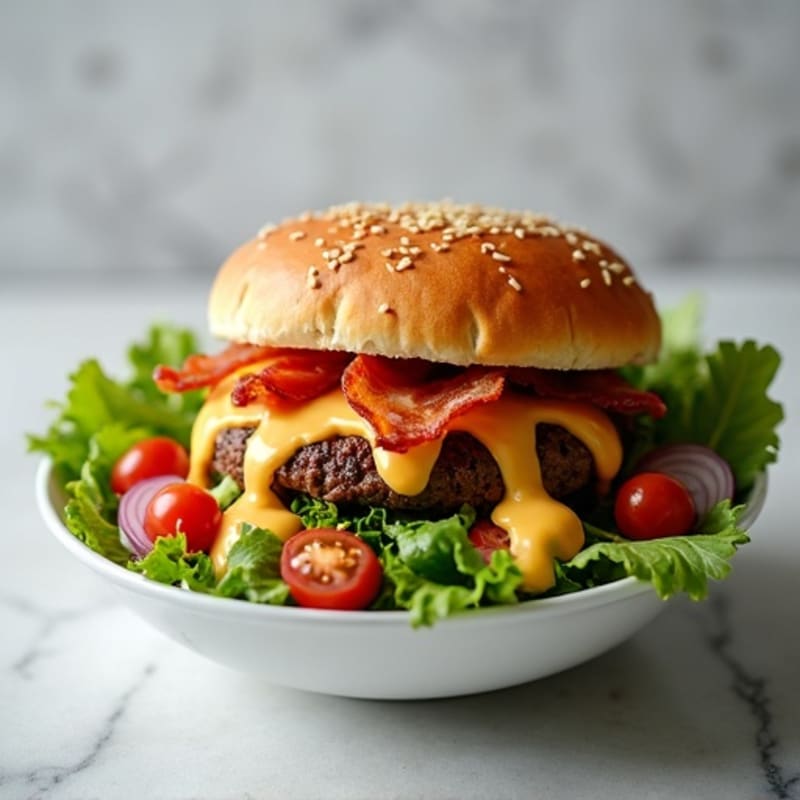 Lean Ground Beef Burger Bowl with Crispy Turkey Bacon and Creamy Cheddar Sauce
