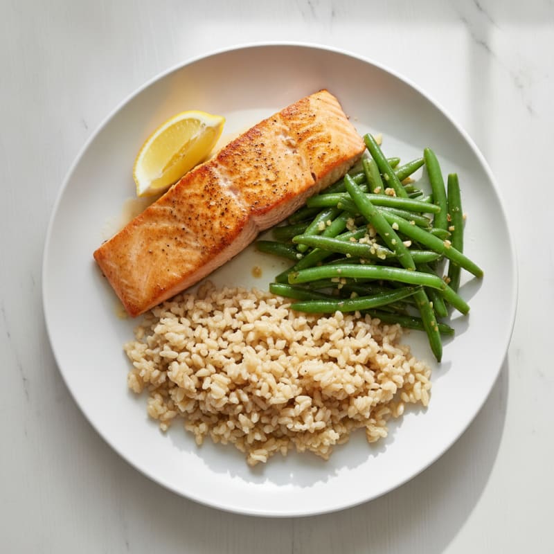 Seared Salmon with Garlic Green Beans and Brown Rice