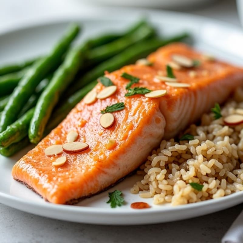 Seared Salmon Fillet with Garlic Green Beans and Brown Rice