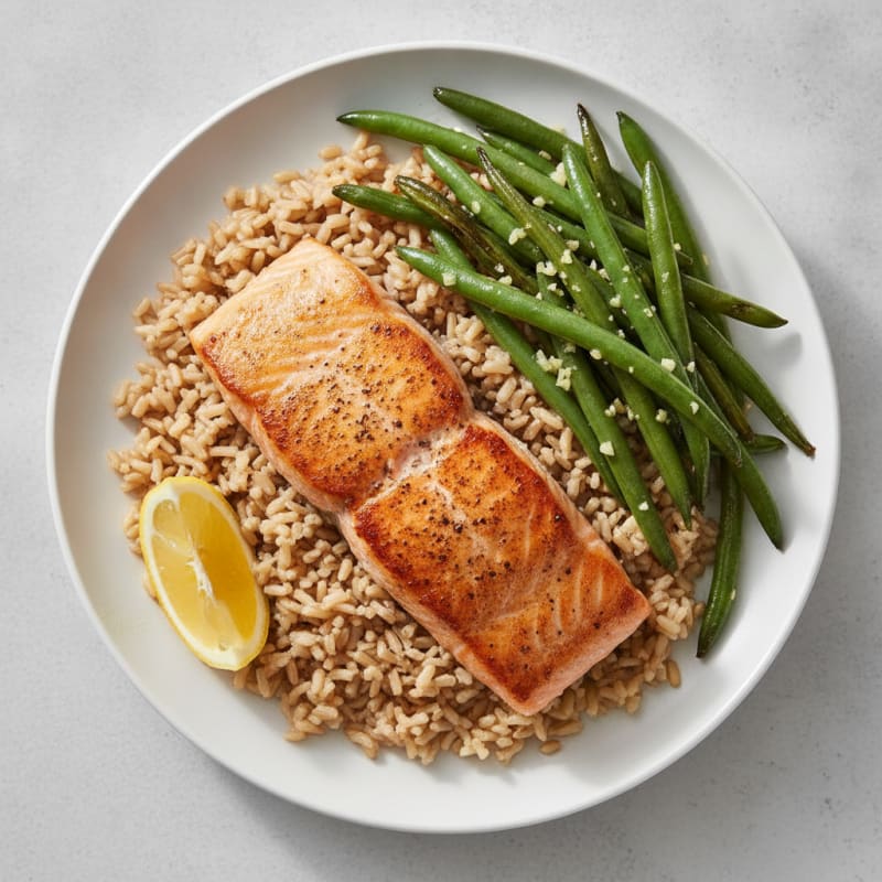 Seared Salmon with Garlic Green Beans and Brown Rice