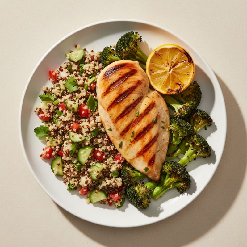 Grilled Chicken Breast with Quinoa Salad and Roasted Broccoli