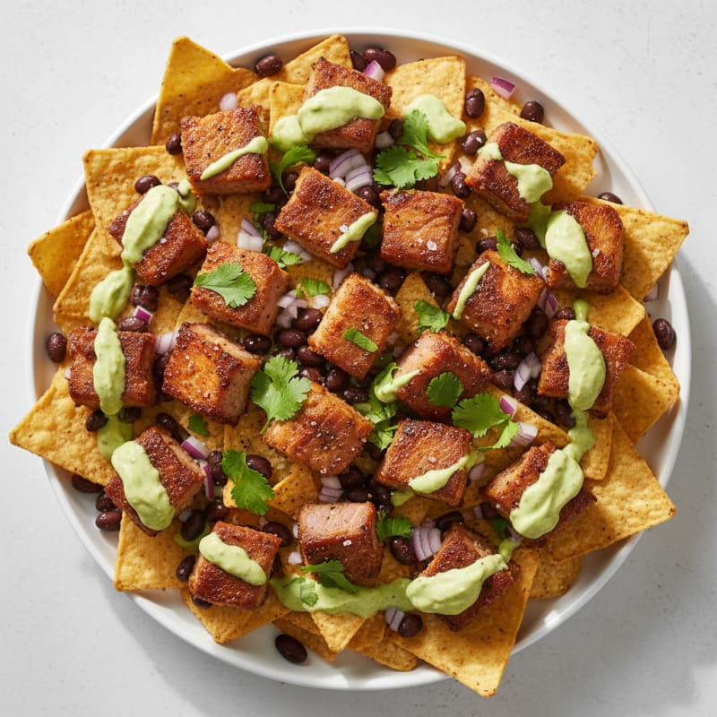 Crispy Carnitas Nachos with Zesty Avocado Cream