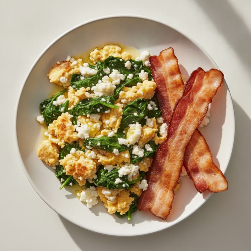 Cottage Cheese Egg Scramble with Spinach and Turkey Bacon