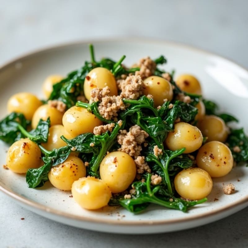 Pan-Seared Ricotta Gnocchi with Lean Ground Turkey and Garlicky Spinach