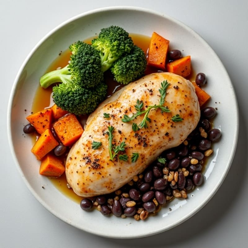 Herb-Roasted Chicken Breast with Roasted Sweet Potato, Crispy Broccoli, and Black Beans & Brown Rice