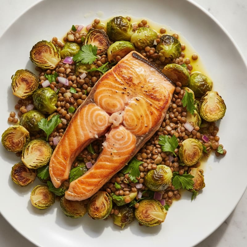 Seared Salmon Fillet with Roasted Brussels Sprouts and Lentil Salad