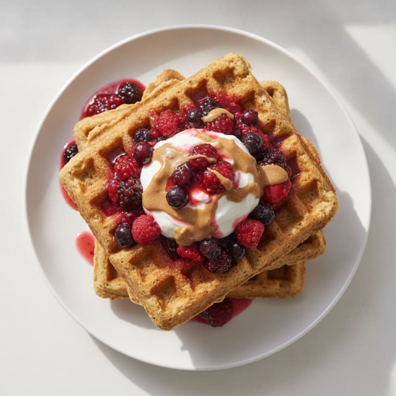 Fluffy Protein Waffles with Berry Compote