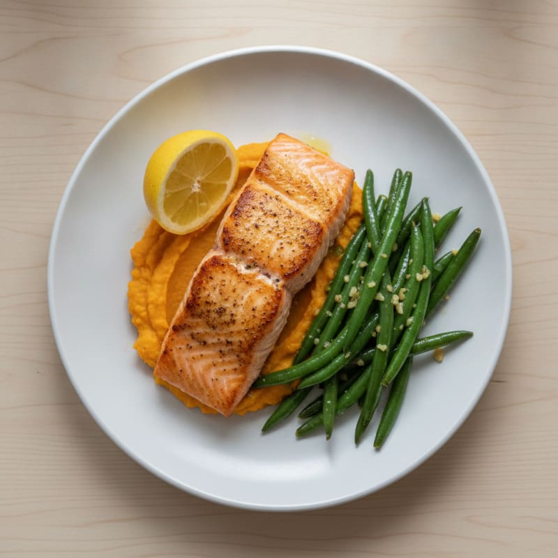 Seared Salmon Fillet with Garlic Green Beans and Sweet Potato Mash