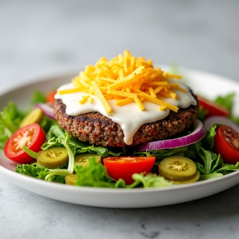 Lean Ground Beef Cheeseburger Salad with Crispy Greens and Creamy Tangy Dressing