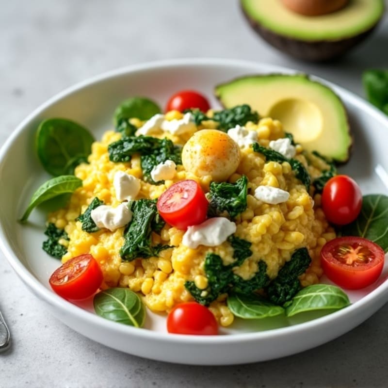 Egg White and Spinach Scramble with Cottage Cheese and Cherry Tomatoes