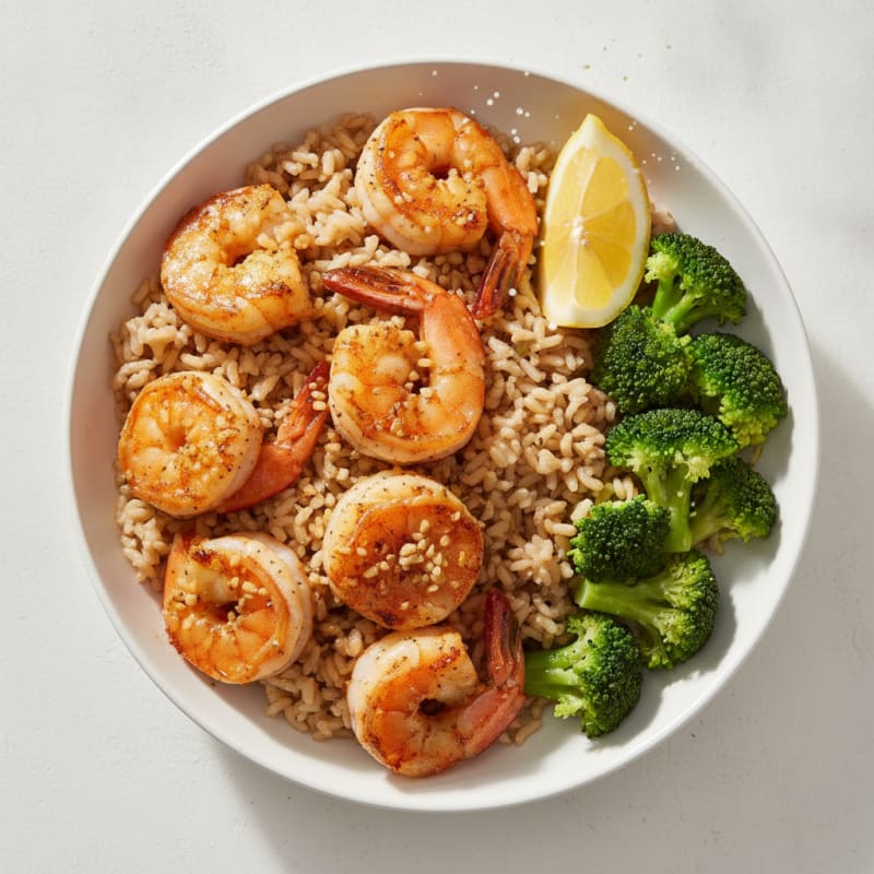 Garlic Prawns with Steamed Broccoli and Brown Rice