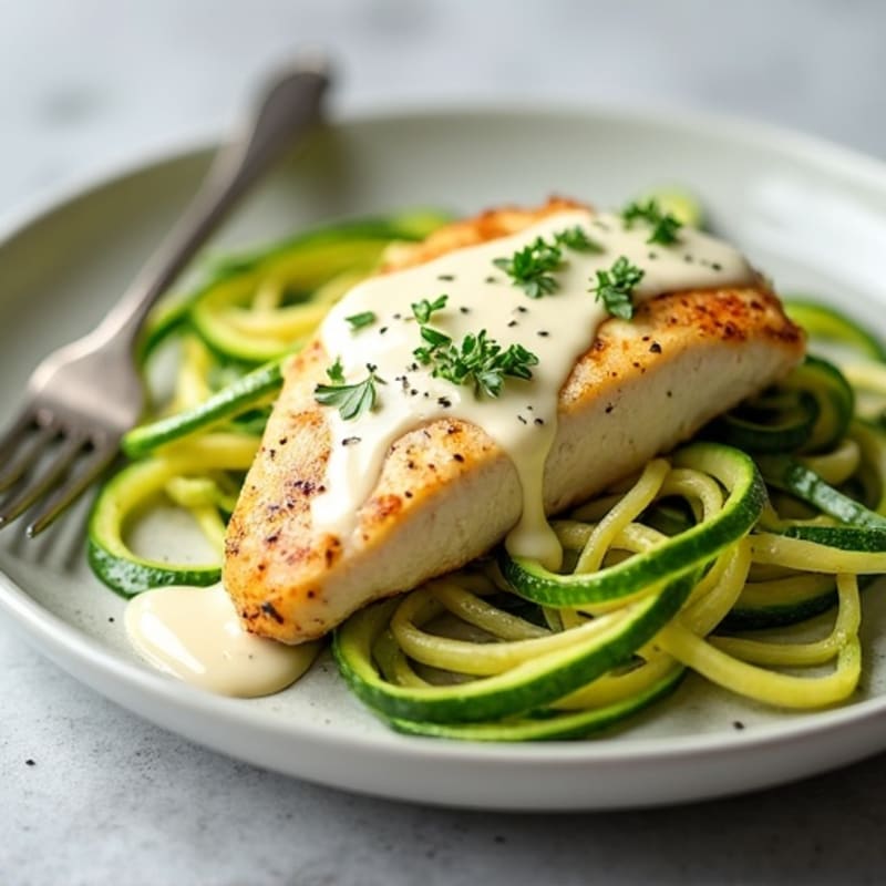 Creamy Cauliflower Alfredo Chicken with Zucchini Noodles