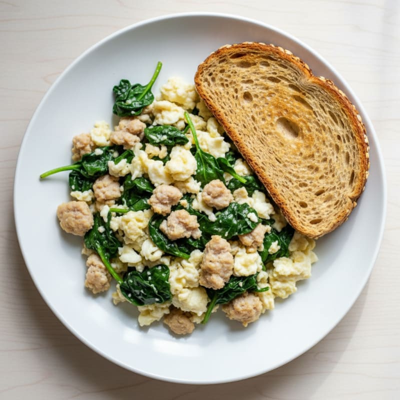 Egg White and Turkey Sausage Scramble with Sautéed Spinach