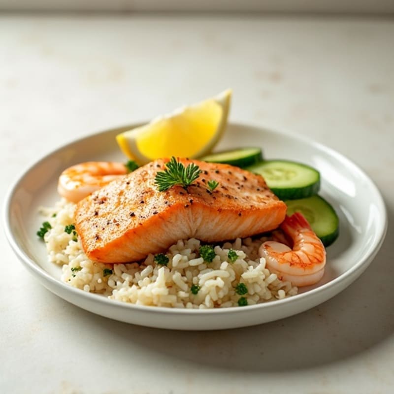 Seared Salmon with Steamed Rice and Cucumber Salad