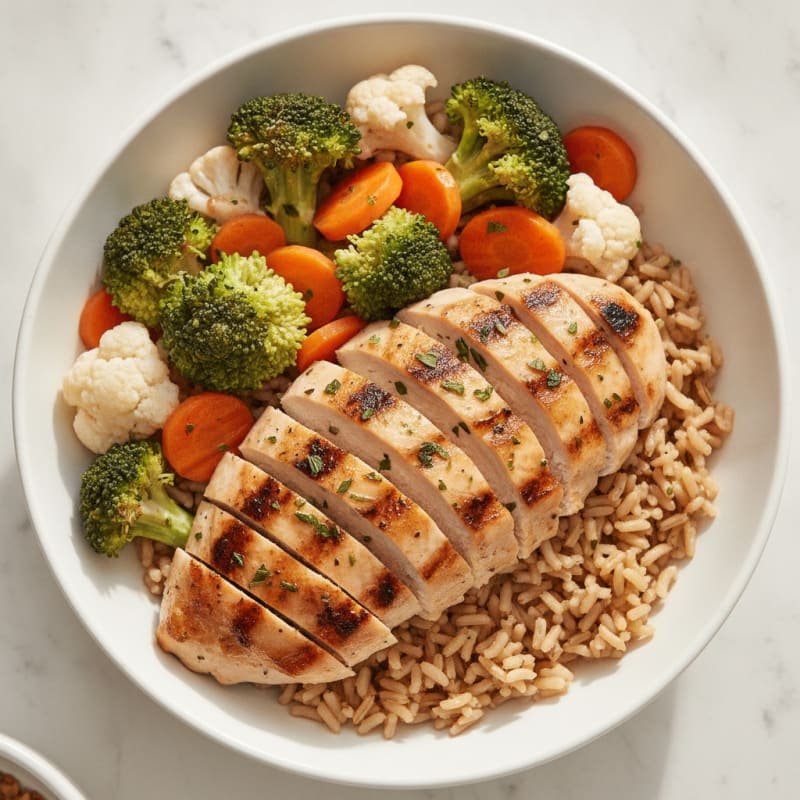 Grilled Chicken Rice Bowl with Broccoli and Carrots