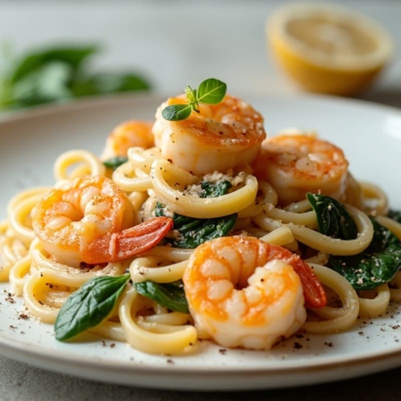 Lighter Creamy Garlic Shrimp with Whole Wheat Linguine