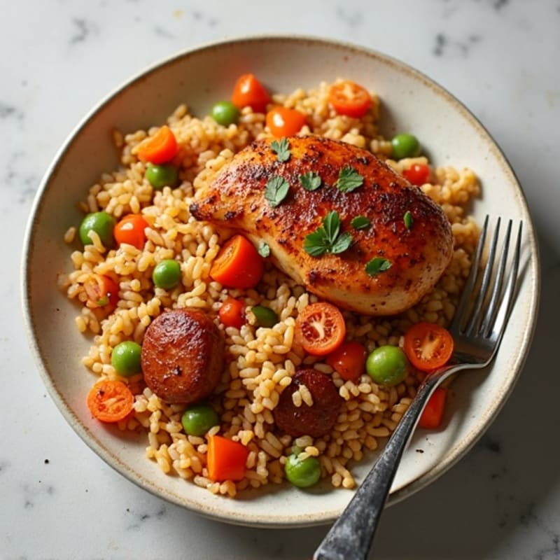 Spicy Chicken and Sausage Rice Skillet with Vegetables