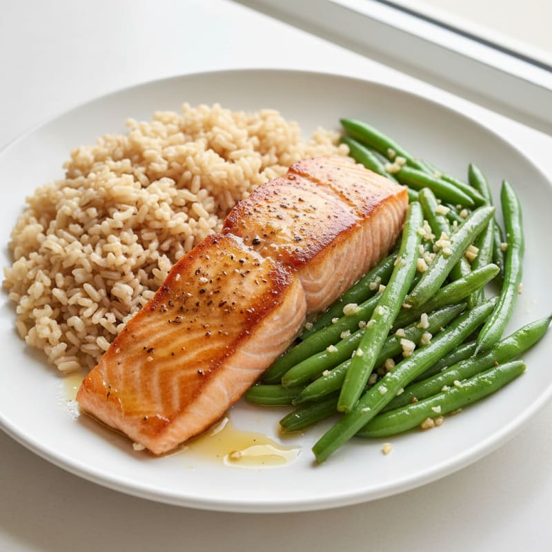 Seared Salmon with Garlic Green Beans and Brown Rice