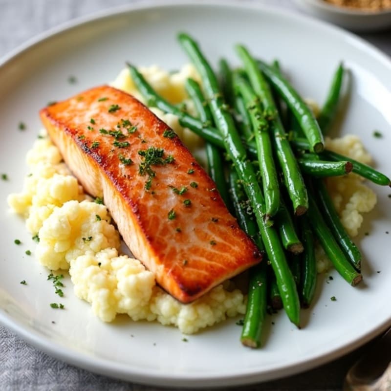 Seared Salmon with Steamed Green Beans and Garlic Mashed Cauliflower