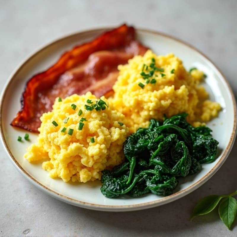 Fluffy Herb Scrambled Eggs with Sautéed Spinach and Turkey Bacon