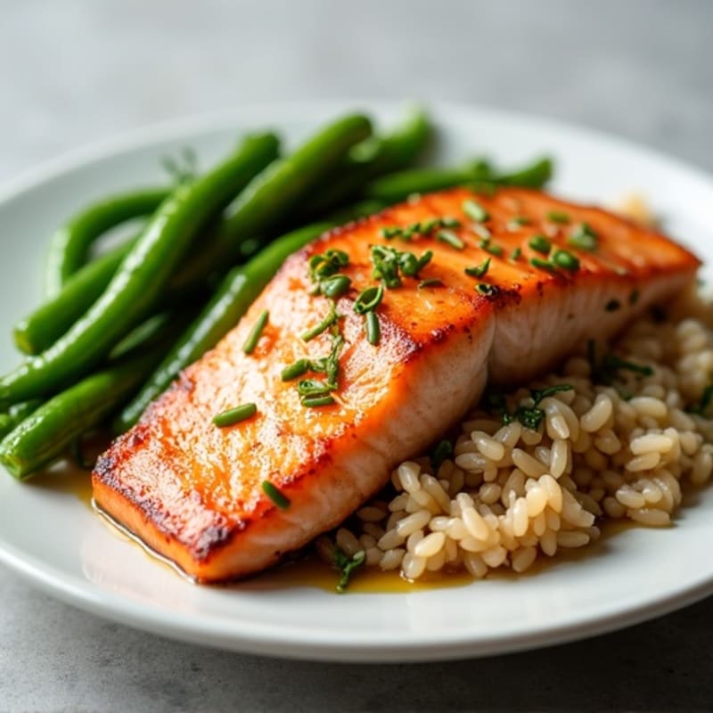 Seared Salmon with Garlic Green Beans and Brown Rice
