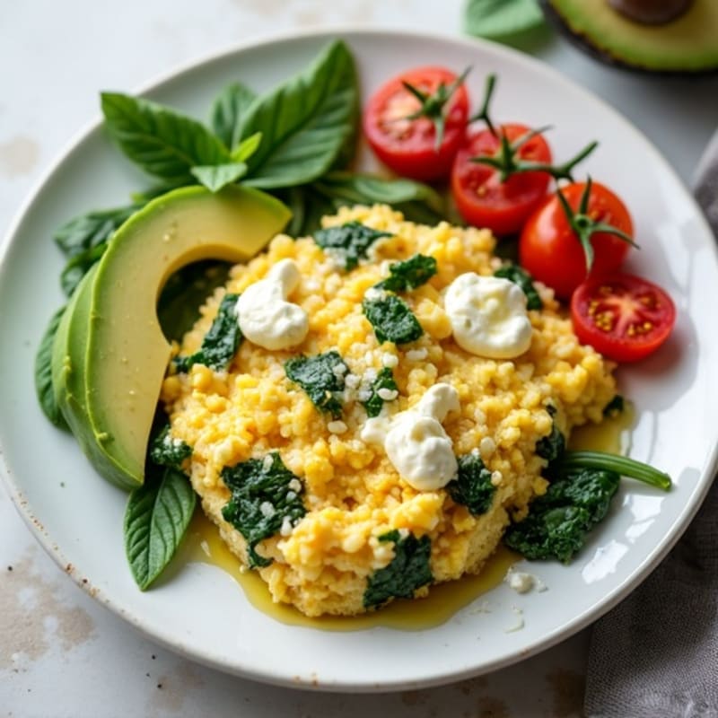 Egg White Spinach Scramble with Cottage Cheese and Cherry Tomatoes