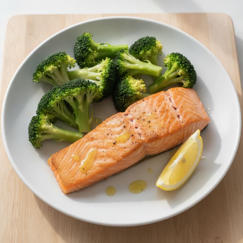 Seared Salmon with Steamed Broccoli and Lemon