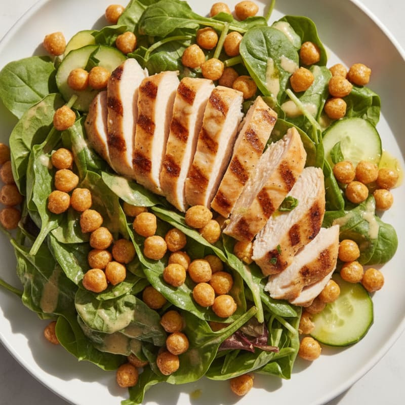 Crispy Chickpea and Grilled Chicken Salad with Lemon-Tahini Dressing