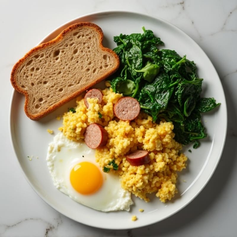Cottage Cheese Scramble with Turkey Sausage and Sautéed Spinach