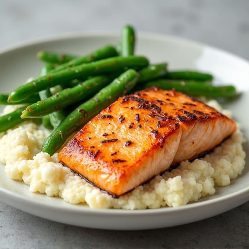 Seared Salmon Fillet with Steamed Green Beans and Garlic Cauliflower Mash